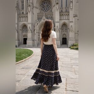Vintage Navy Floral Maxi Skirt with Cream Trim